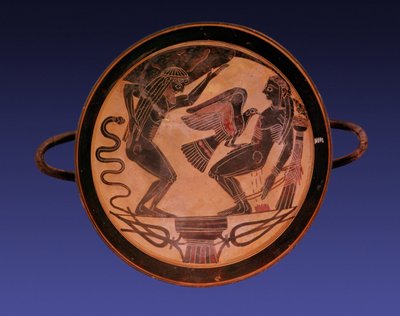 Black Figure Kylix Depicting Atlas Holding Up the Sky and Prometheus Bound with an Eagle Picking Out His Liver, c.555 BC by Arkesilas Painter